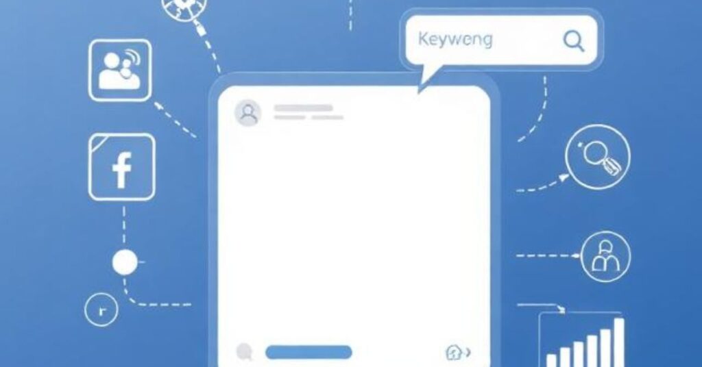 Digital marketing concept showing social media post with keyword overlays, search bar element, analytics icons, clean modern style