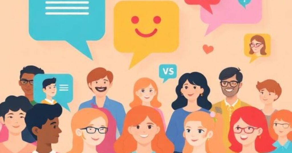 Social media engagement concept with comment bubbles, reaction icons, diverse audience avatars, bright friendly design