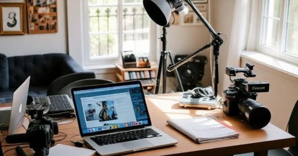 Behind-the-scenes workspace with laptop, notes, camera equipment, natural light, authentic creator environment