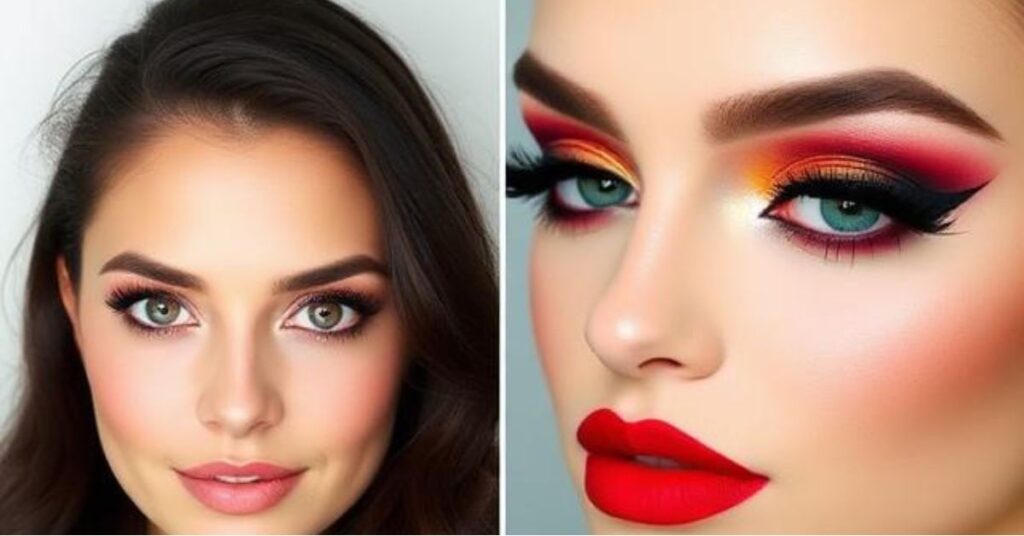A collage of three makeup looks: natural daytime makeup, bold red lipstick glam, and colorful artistic eye makeup with matching lighting moods