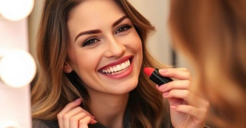 A woman smiling naturally while applying lipstick in front of a mirror, soft, warm lighting, cozy vanity setting.