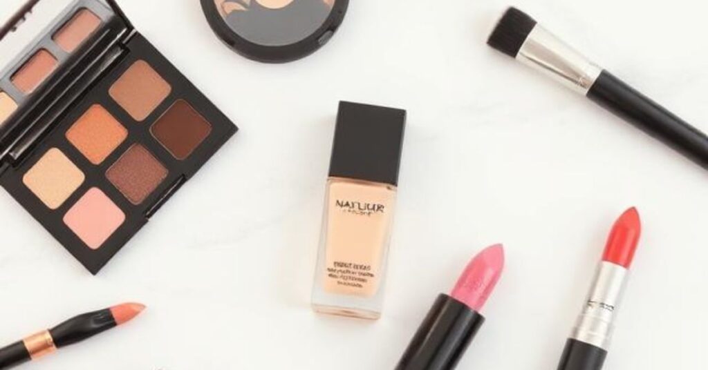 Flat lay of makeup brushes, foundation, and lipstick placed neatly on a marble table with a soft pastel background.