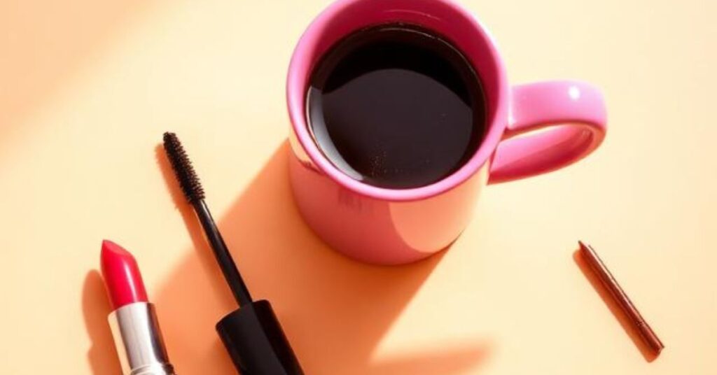 Colorful flat lay with lipstick, mascara, and a coffee mug, styled in bright lighting with a fun background.
