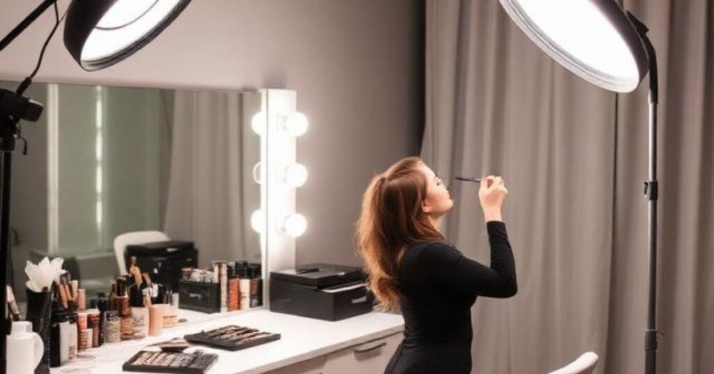 Professional makeup studio setup with ring light, organized vanity, and a makeup artist working on a client.