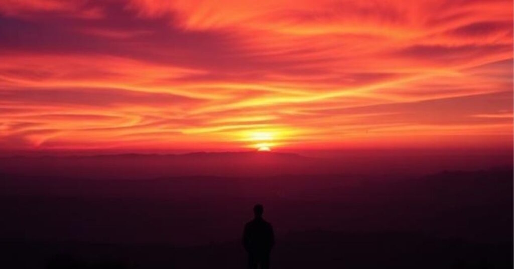 A single person standing on a hill watching a dramatic sunset with deep purple and orange skies, reflective mood, wide landscape shot, cinematic photography.