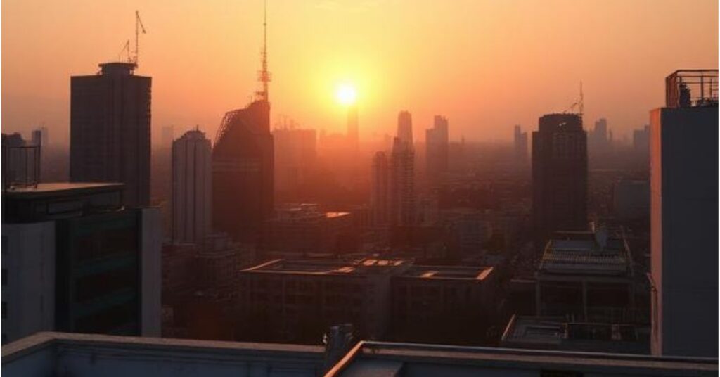 Aesthetic rooftop sunset with city skyline, golden hour glow, soft pastel sky, modern Instagram-style photography, and a minimal and trendy vibe.